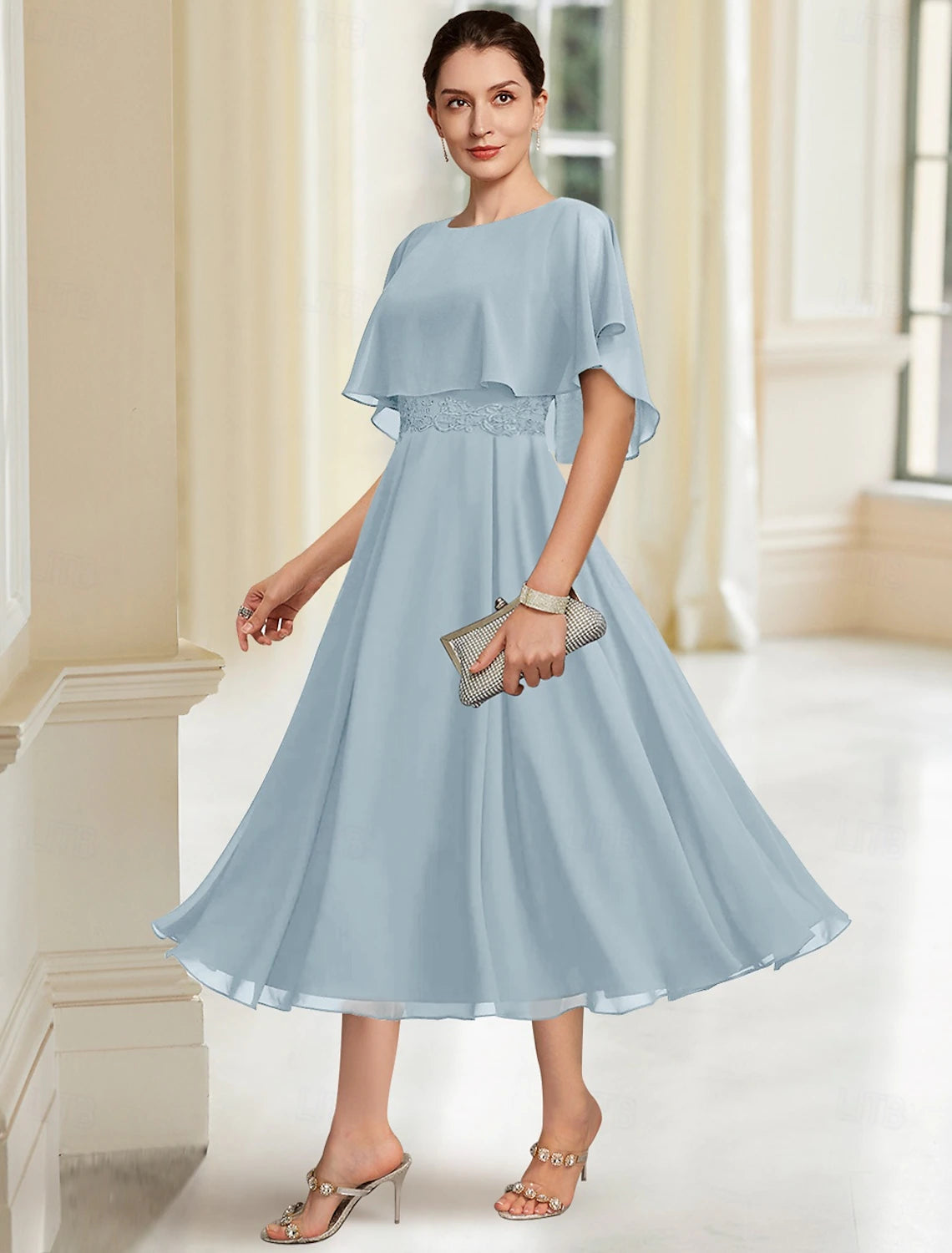 Buyishang A-Line Mother of the Bride Dress Elegant Jewel Neck Tea Length Chiffon Half Sleeve with Lace free custom size